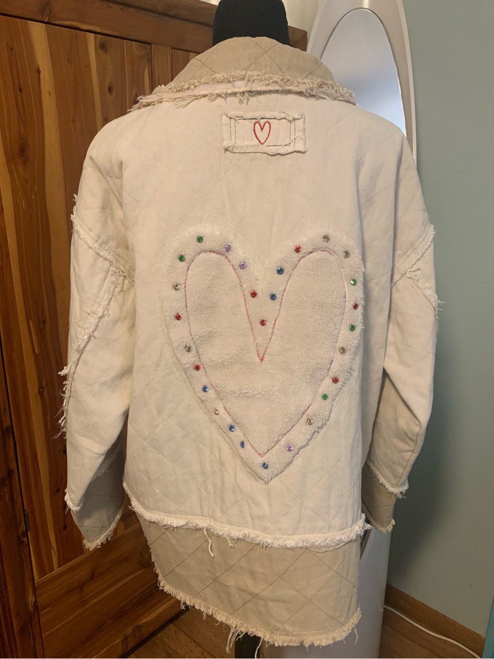POL Clothing Colorblocked Twill Patch Studded Back Heart Jacket